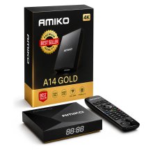 🔥 Amiko A14 Gold – Bäst i test Android 14 4K Streamingbox med WiFi 6, Widevine L1 & Inbyggd VPN (Bäst i test)